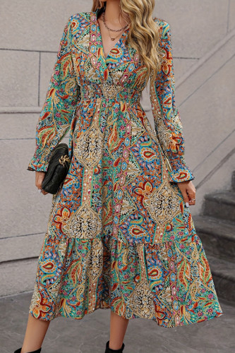 Vintage Printed Long Sleeved V-Neck Dress