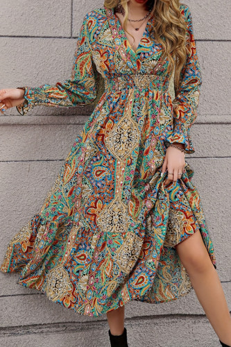 Vintage Printed Long Sleeved V-Neck Dress