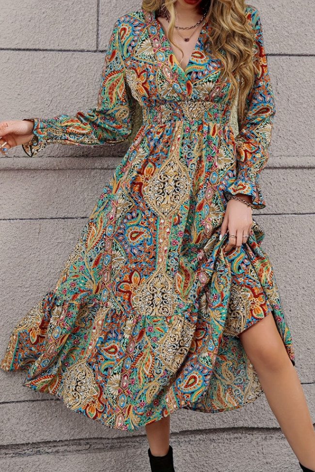 Vintage Printed Long Sleeved V-Neck Dress