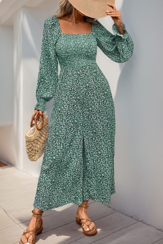 Bubble Long Sleeved Square Neck Floral Jumpsuit