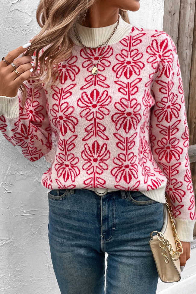 Flower Jacquard Pink Long Sleeve Sweater