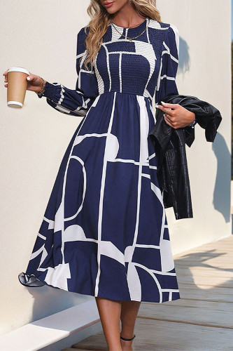 Long Sleeved Pleated Printed Dress