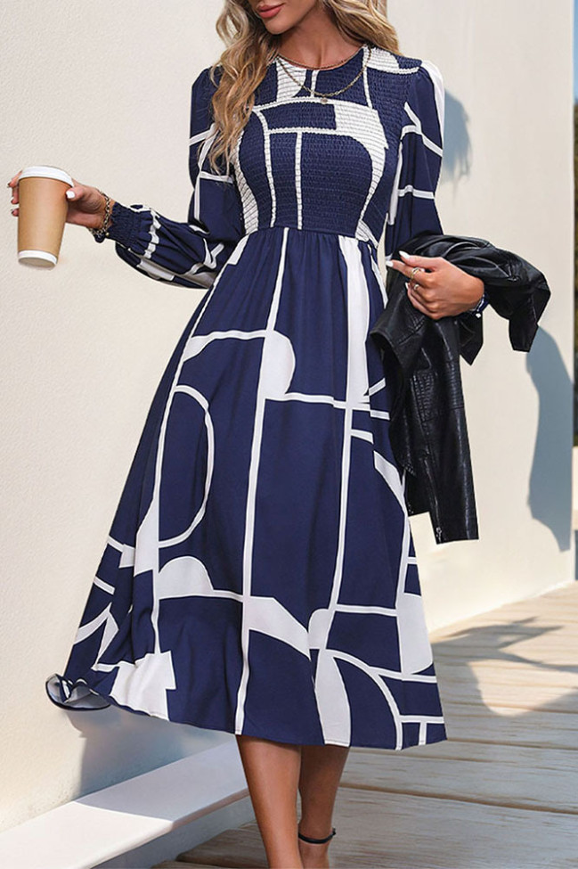 Long Sleeved Pleated Printed Dress