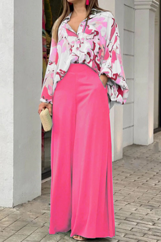 Printed Shirt Wide Leg Pants Two-Piece Set