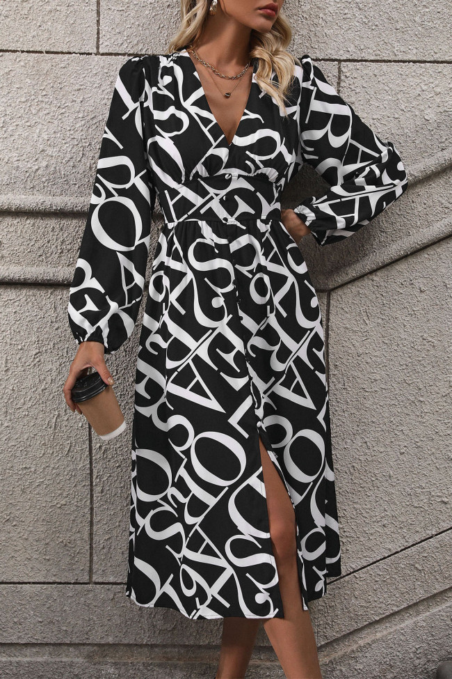 V-Neck Long Sleeved Geometric Printed Dress