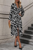 V-Neck Long Sleeved Geometric Printed Dress