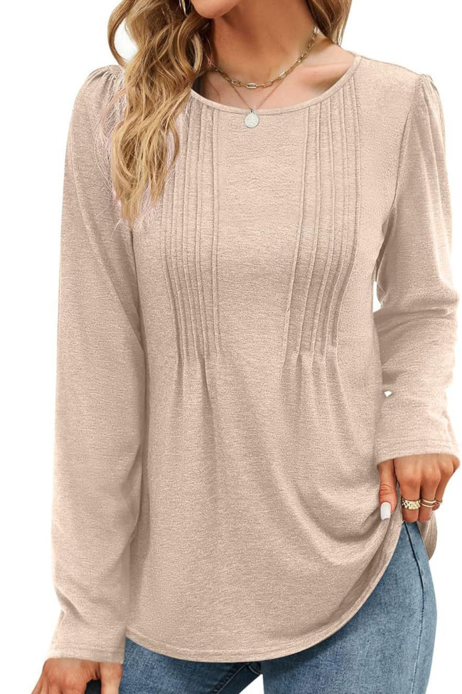 Solid Color Round Neck Long Sleeved T-Shirt