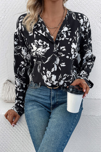 Black Printed V-Neck Long Sleeve Shirt