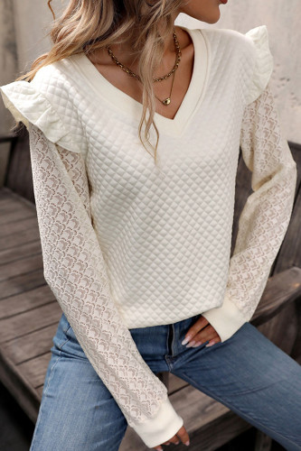 Long Sleeved Lace Patchwork Solid Color Shirt