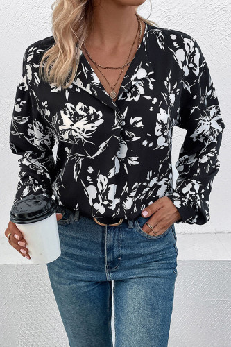 Black Printed V-Neck Long Sleeve Shirt