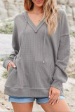 Waffle Solid Color V-Neck Hooded Sweatshirt