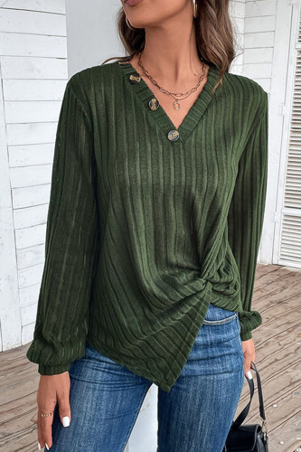 Split Green V-Neck Long Sleeve Top