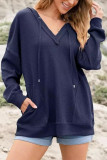 Waffle Solid Color V-Neck Hooded Sweatshirt