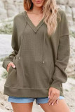 Waffle Solid Color V-Neck Hooded Sweatshirt