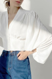 Lantern Sleeve Slim Fit Long Sleeved V-Neck Shirt