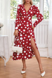 Wave Print V-Neck Long Sleeve Slit Dress