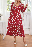 Wave Print V-Neck Long Sleeve Slit Dress