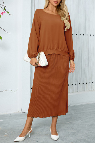 Pleated Round Neck Long Sleeved Skirt Two Piece Set