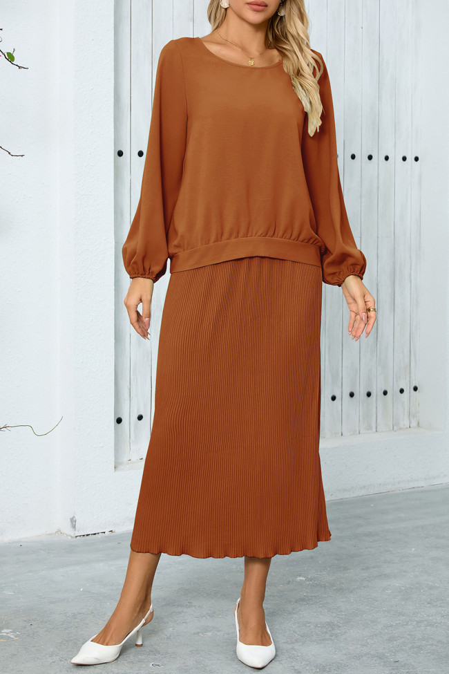 Pleated Round Neck Long Sleeved Skirt Two Piece Set