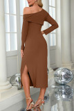 Slant Shoulder Knitted Slit Long Sleeved Dress