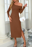 Slant Shoulder Knitted Slit Long Sleeved Dress