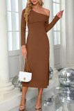 Slant Shoulder Knitted Slit Long Sleeved Dress