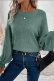 Round Neck Lantern Sleeve Ribbed Tops