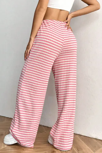 Striped Elastic Drawstring Cotton Straight Leg Pants