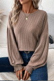 Round Neck Lantern Sleeve Ribbed Tops