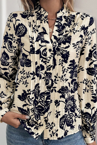 Vintage Stand Up Collar Long Sleeved Print Shirt