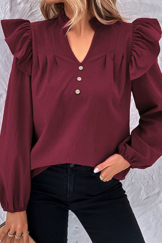 V-Neck Ruffled Long Sleeved Shirt