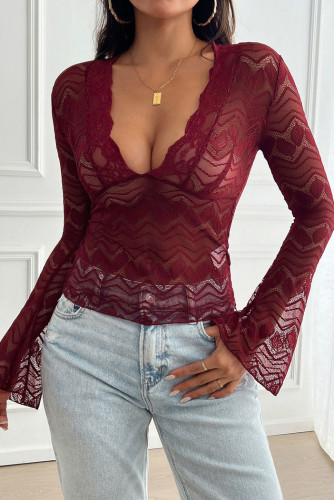 Horn Sleeve Hollowed V-Neck Lace Shirt