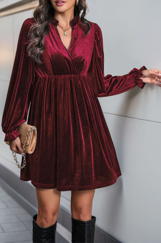 Velvet Long Sleeved V-Neck Pleated Dress