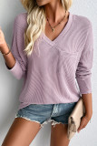 V Neck Pocket Crinkle Ribbed Knit Top
