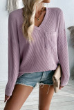 V Neck Pocket Crinkle Ribbed Knit Top