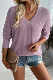 V Neck Pocket Crinkle Ribbed Knit Top
