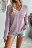 V Neck Pocket Crinkle Ribbed Knit Top