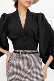 Lantern Sleeve Slim Fit Long Sleeved V-Neck Shirt