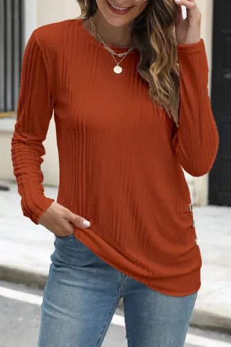 Solid Color Round Neck Button Long Sleeved T-Shirt