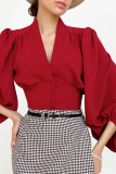 Lantern Sleeve Slim Fit Long Sleeved V-Neck Shirt