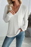 V Neck Pocket Crinkle Ribbed Knit Top