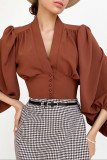 Lantern Sleeve Slim Fit Long Sleeved V-Neck Shirt