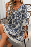 Printed V-Neck Lace Seven Quarter Sleeve Dress