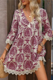Printed V-Neck Lace Seven Quarter Sleeve Dress