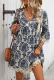 Printed V-Neck Lace Seven Quarter Sleeve Dress