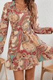 Printed Long Sleeved V-Neck Dress