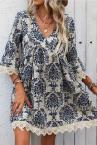Printed V-Neck Lace Seven Quarter Sleeve Dress