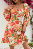 Printed Square Neck Long Sleeved Pleated Dress
