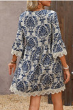 Printed V-Neck Lace Seven Quarter Sleeve Dress