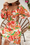 Printed Square Neck Long Sleeved Pleated Dress